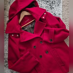 Calvin Klein Double Breasted Peacoat Detachable Hood Womens 10 Preppy City Chic